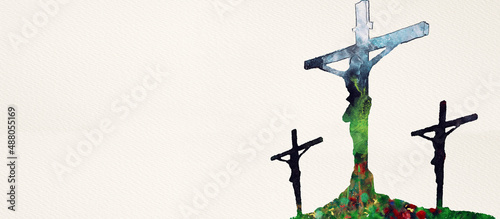 Photo Crucifixion. Watercolor christian banner.