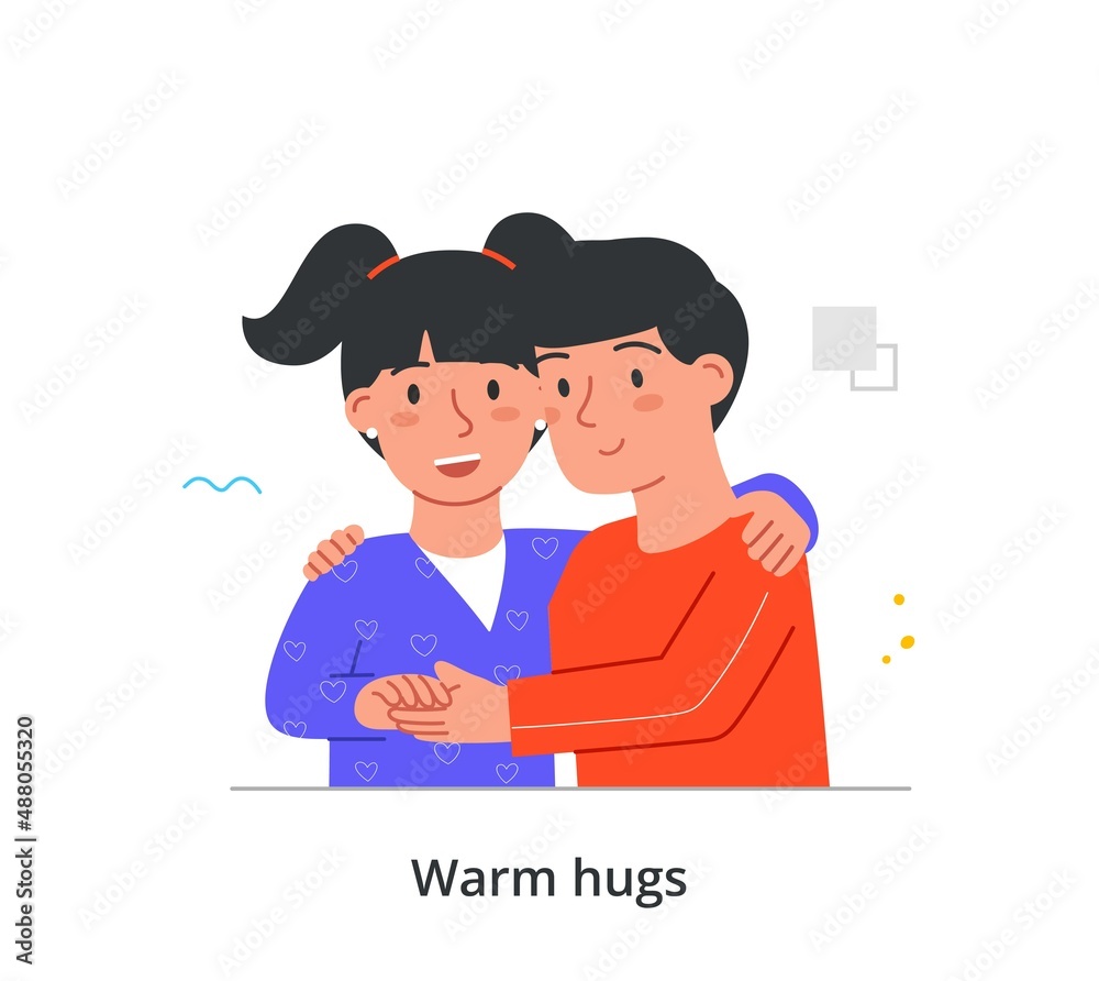 Warm hugs between little friends concept. Boy and girl preschoolers embracing and smile. Happy brother and sister. Tenderness and good relationships. Cartoon flat vector illustration in doodle style Warm hugs between little friends concept. Boy and girl preschoolers embracing and smile. Happy brother and sister. Tenderness and good relationships. Cartoon flat vector illustration in doodle style