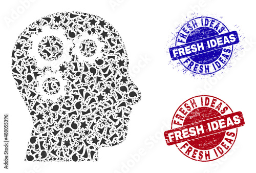 Fototapeta Naklejka Na Ścianę i Meble -  Round FRESH IDEAS unclean stamp imitations with caption inside round shapes, and shard mosaic brain gears icon. Blue and red stamp seals includes FRESH IDEAS caption.