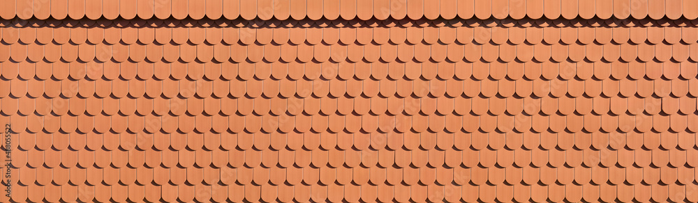 Perfect red tile facade in shed pattern. In poster format.