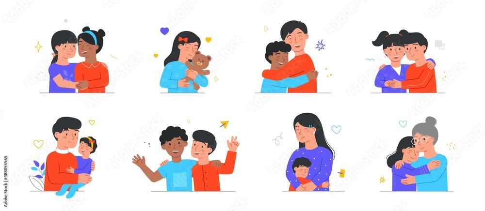 Fototapeta premium Set of warm hugs between kids, parents and little friends. Children cuddle with mom, dad, teddy bear and other people. Tenderness and love.Cartoon flat vector collection isolated on white background