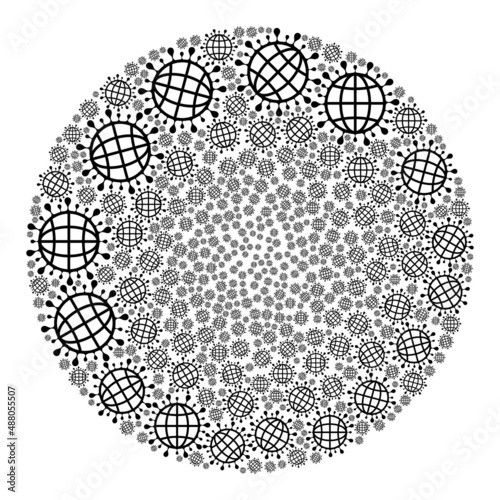 Global coronavirus symbols are composed into sphere collection. Global coronavirus icon bubble mosaic. Abstraction sphere globula mosaic done with global coronavirus symbols.