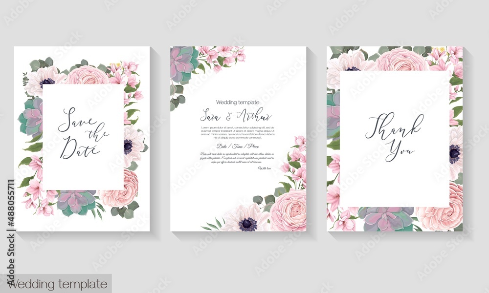 Vector floral template for wedding invitation. Pink roses, white anemones, pink magnolia, sakura, succulents, gypsophila, eucalyptus.