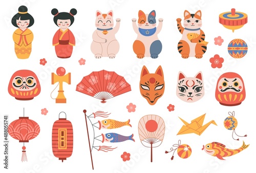 Colorful set of Japanese toys. Asian fortune symbol, daruma, maneki cat and kokeshi doll, traditional mask and lights. Features of culture. Cartoon flat vector collection isolated on white background