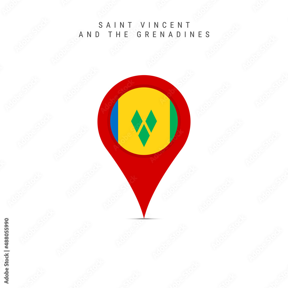 Teardrop map marker with flag of Saint Vincent and the Grenadines. Vincentian flag inserted in the location map pin. Flat vector illustration isolated on white background. Teardrop map marker with flag of Saint Vincent and the Grenadines. Vincentian flag inserted in the location map pin. Flat vector illustration isolated on white background.