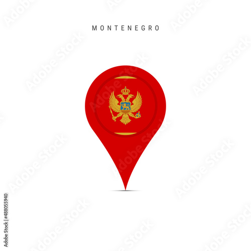 Teardrop map marker with flag of Montenegro. Montenegrin flag inserted in the location map pin. Flat vector illustration isolated on white background.