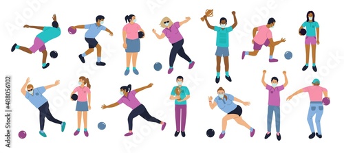 Vector set of men and women dressed in sports apparel playing bowling wearing face masks removable hand drawn cartoon illustration