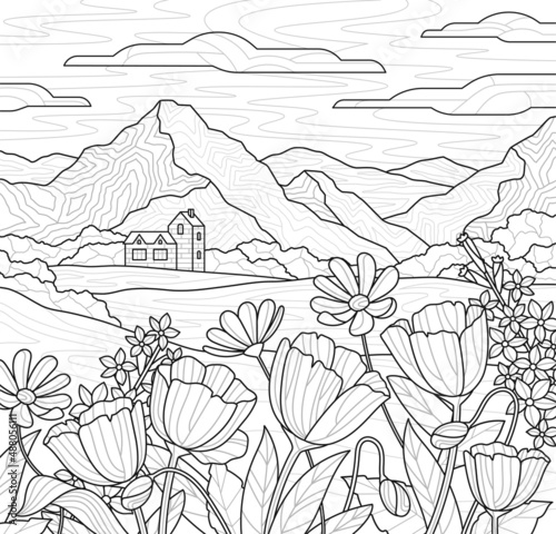 Mountains and flowers abstract concept. Linear Coloring book with beautiful landscape, plants and rustic house. Antistress for children and adults. Cartoon contemporary flat vector illustration