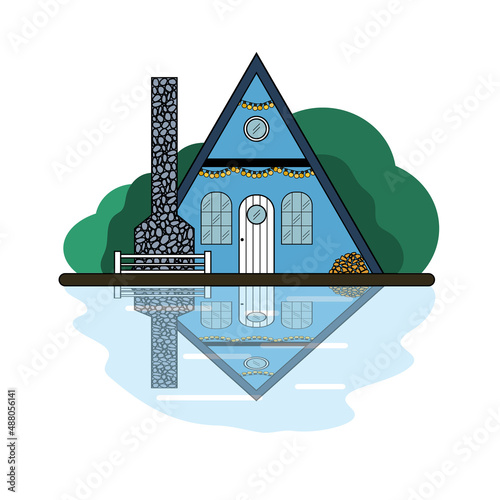 Triangular cabin by the water. Blue house with a white door and a fence. Vector illustration