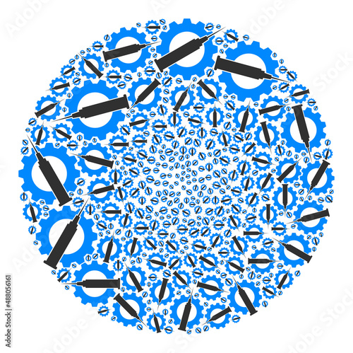 Vaccine industry items are organized into round collection. Vaccine industry icon round composition. Abstraction round bubble collage organized with vaccine industry items.