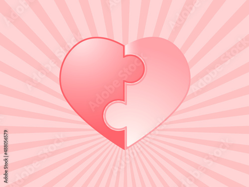 Image of heart assembled from two halves symbolizes love and family. Vector illustration on the background of rays in nude color.