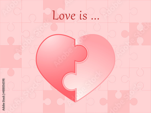 Image of heart assembled from two halves symbolizes love and family. Vector illustration, puzzle, in pink color.