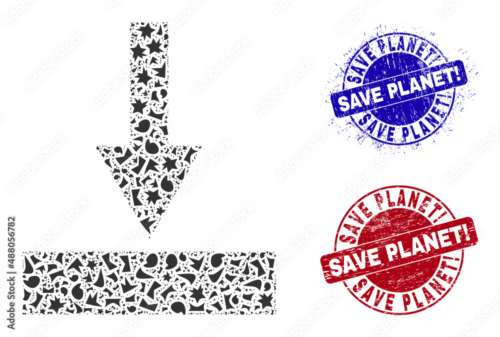 Round SAVE PLANET! dirty seals with tag inside round forms, and debris mosaic move bottom icon. Blue and red stamps includes SAVE PLANET! tag. Move bottom mosaic icon of spall parts.