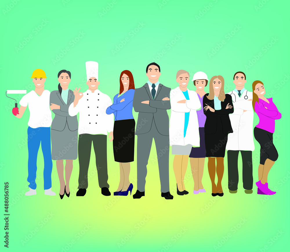 Fototapeta premium Flat illustration. People of different professions: a builder, a doctor, a teacher, an office worker, an engineer, a cook, an athlete, a repair worker.