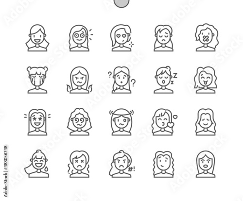 Female human emotions. Woman and girl face. Disappointed  happy  confused  cursing  shocked and other. Pixel Perfect Vector Thin Line Icons. Simple Minimal Pictogram
