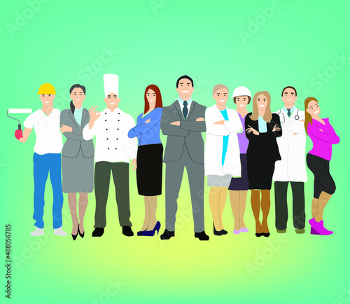 Flat illustration. People of different professions: a builder, a doctor, a teacher, an office worker, an engineer, a cook, an athlete, a repair worker.
