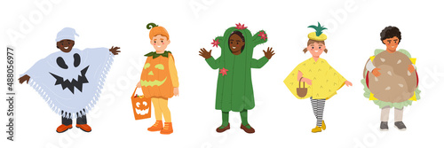 Set of kids in funny and scary costumes for Halloween party. Little boys and girls in festive outfits of ghost, pumpkin, monster and burger. Cartoon flat vector collection isolated on white background