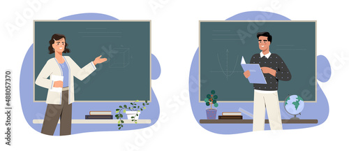 Female and male teacher in classroom. Intelligent man and woman teach lesson at school or university. Education and knowledge acquisition. Cartoon flat vector set isolated on white background