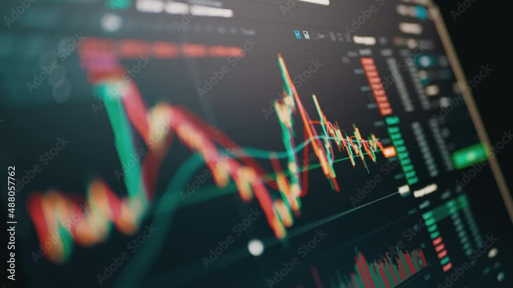 Trader Analyzes Candlestick Chart of Movement of Cryptocurrency on Screen PC. Online viewing of cryptocurrency quotes btc, eth chart in the application. Dynamics, statistics, stock exchange data.