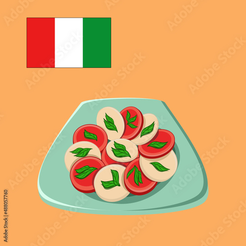 Salad Caprese with cheese and tomatoes in digital flat technique 