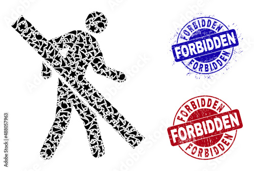 Round FORBIDDEN grunge stamp seals with tag inside round shapes, and debris mosaic forbidden walking man icon. Blue and red seals includes FORBIDDEN caption.
