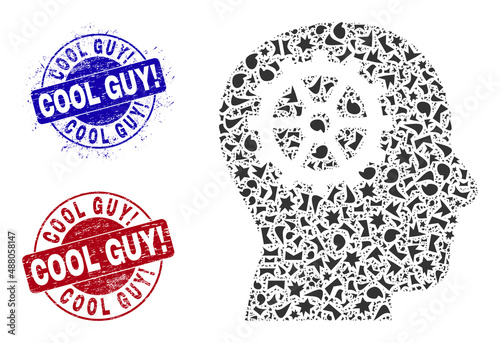 Fototapeta Naklejka Na Ścianę i Meble -  Round COOL GUY! scratched seals with text inside round shapes, and debris mosaic intellect icon. Blue and red stamp seals includes COOL GUY! tag. Intellect mosaic icon of fragment elements.