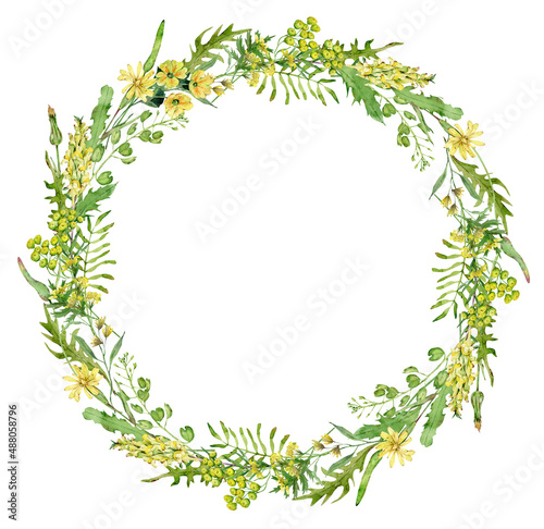 Watercolor yellow wildflowers wreath. Hand drawn template with herbs and wildflowers for invitations, cards