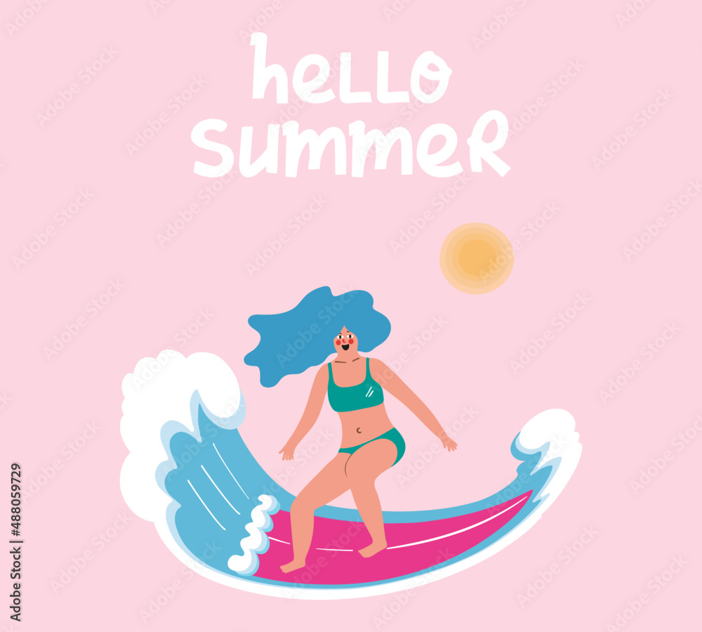 Happy surf girl with surfboard riding a wave. Hand drawn illustration. Happy surf girl with surfboard riding a wave. Hand drawn illustration.