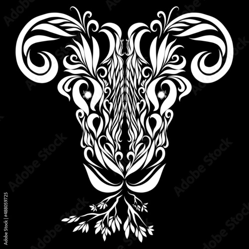 goat with graceful elegant curved black horns on a black background
