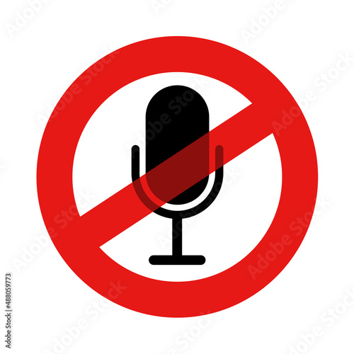 Symbol of mic, microphone and podcast is crossed out - muting recording of audio and podcast censorship. Vector illustration isolated on white.