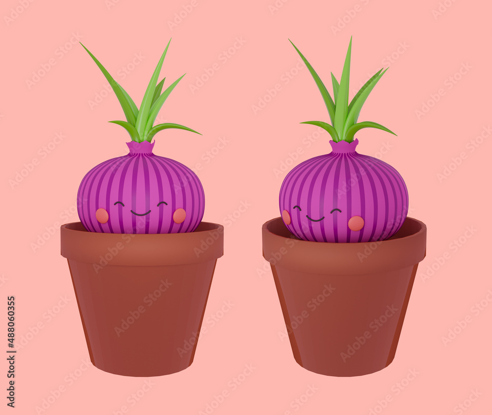 Cute onion in a pot in cartoon style. 3d render illustration. Cute onion in a pot in cartoon style. 3d render illustration.