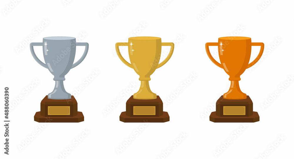Gold silver bronze trophy cups. Game winner prize cups, racing sport trophies, ranking places goblet prize icons vector illustration