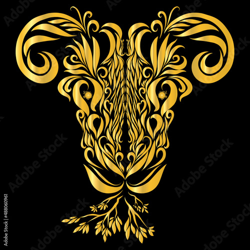 goat with graceful elegant curved golden horns on a dark background