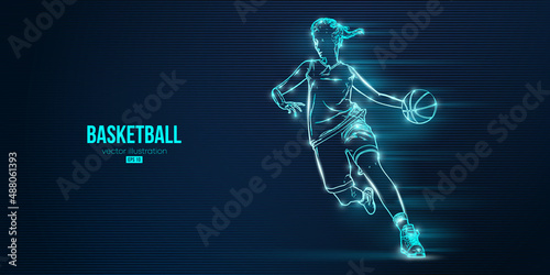 Abstract silhouette of a basketball player woman in action isolated blue background. Vector illustration