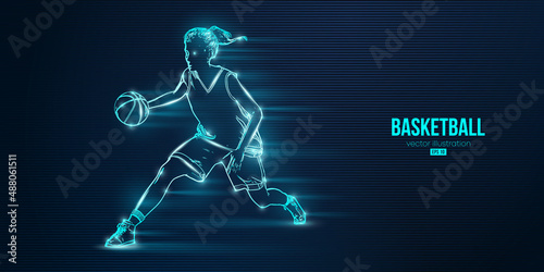 Abstract silhouette of a basketball player woman in action isolated blue background. Vector illustration