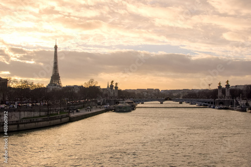 View of the Seine in Paris at sunset, France