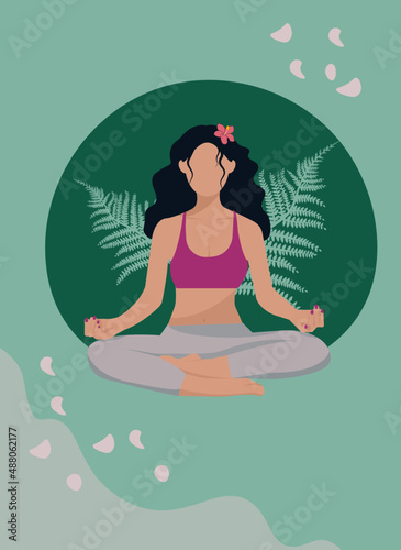 yoga and meditation girl in the lotus position on green background with plants