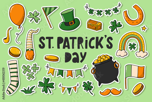 St. Patrick's day stickers, doodles, clipart. Good for labels, tags, prints, cards, posters, etc. EPS 10