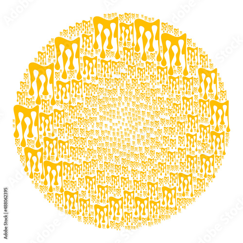 Sticky honey drops symbols are arranged into round collection. Sticky honey drops icon round collage. Abstraction round cluster mosaic is organized with sticky honey drops icons.