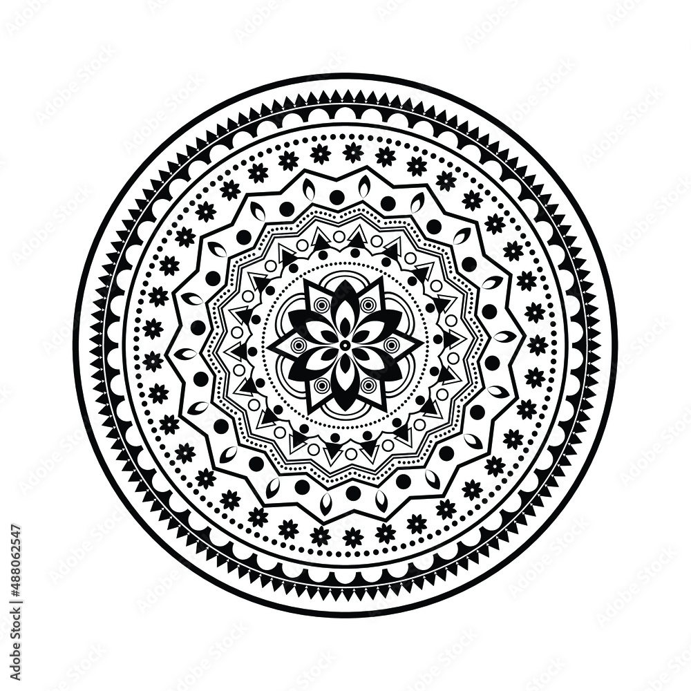 Mandala vector illustration. Circular pattern in form of mandala for Henna, tattoo, decoration, and coloring book page. Ornament style isolated on white background.