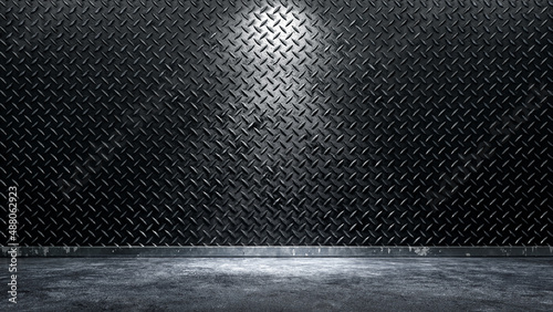 Diamond metal wall background with concrete floor. 3d renderer photo