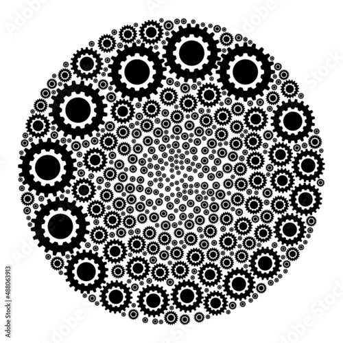 Cogwheel items are scattered into spheric group. Cogwheel icon round collage. Abstraction spheric bubble collage organized with cogwheel items.