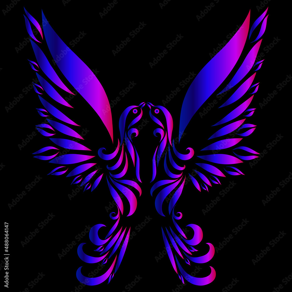 Obraz premium bird dove spirit holy free flying wings ornate graceful swirl feather ornament logo christian symbol of hope and peace purple blue pink color