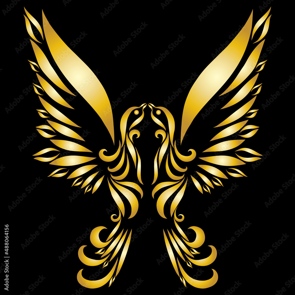Obraz premium bird dove spirit holy free flying wings ornate graceful swirl feather ornament logo christian symbol of hope and peace gold color