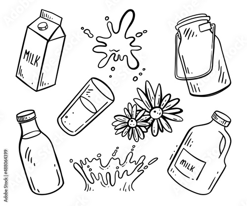 Milk set, momochrome vector illustration in doodle style