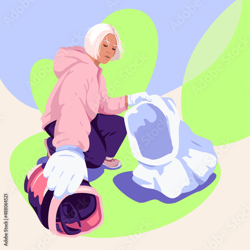 Girl squatting collects garbage in a bag in the park. Collect garbage. Cleaning in the park. Drawing people in perspective. View from below