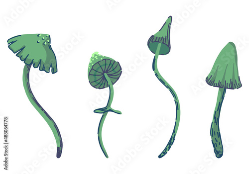 Poison mushrooms, fungus in abstract style. Modern cliparts isolated on white background. Contemporary vector illustration set.