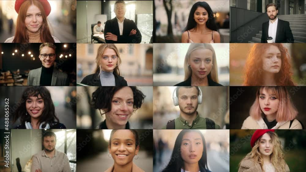 Collage of multi-ethnic diverse women looking at the camera. Beautiful women of different age, background, ethnicity, beauty and hair style smiling together. High quality 4k footage
