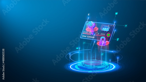 Futuristic glowing credit card, on a blue background, hologram. Online payment, protection, security. Can be used for a web banner. Secure payment, payment protection concepts. Credit card with lock photo