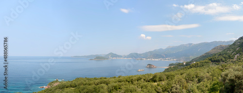 Panoramic view of Montenegro coastline with Sveti Stefan towards Budva.